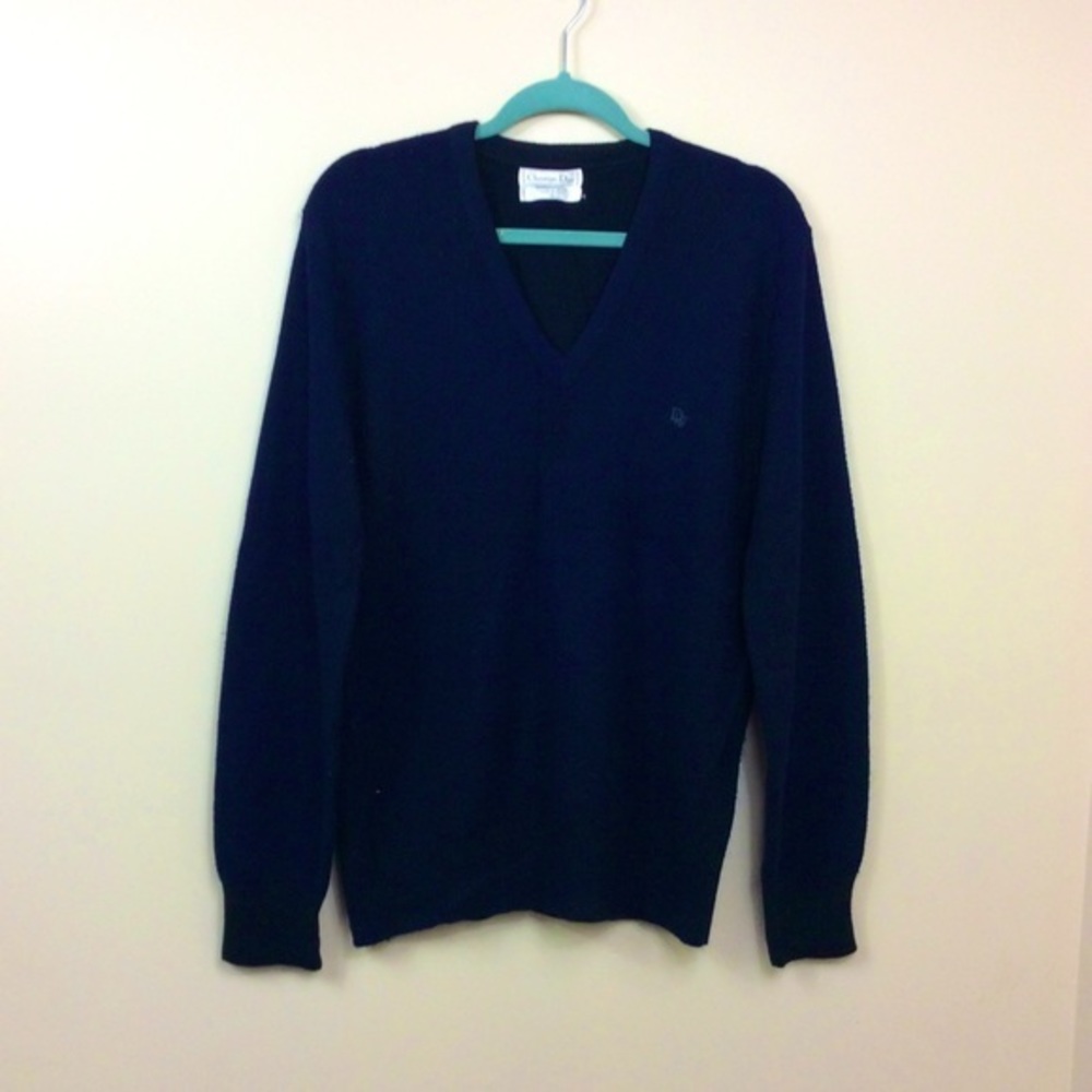 80s Vintage Christian Dior navy blue  sweater. V neck.  Acrylic. Large. Logo